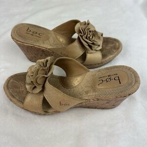 Boc Born Sandals Womens 6 M Flower Cork Wedge Heel Slide Golden Tan Brown Leathe